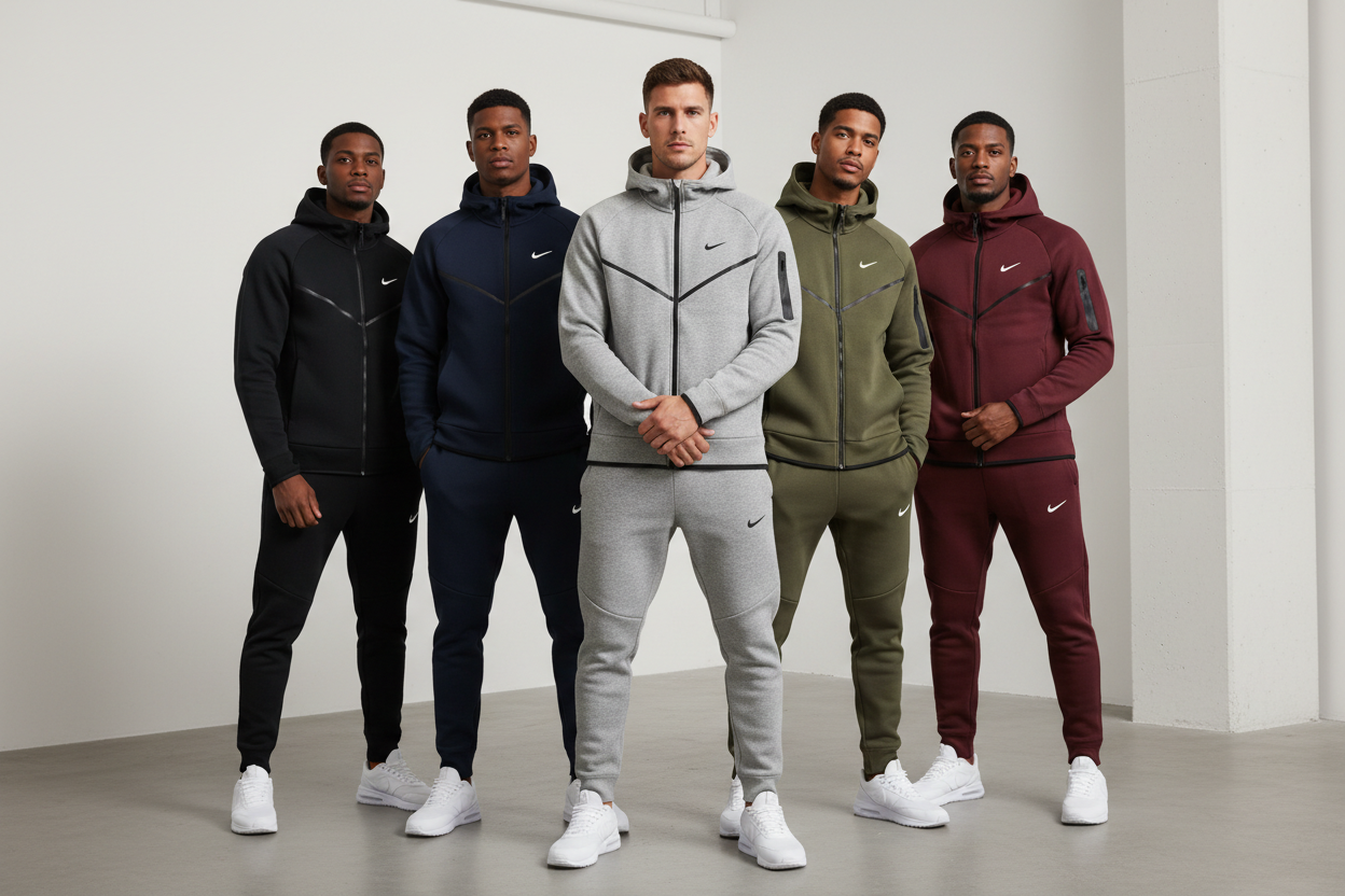 Create a image of multiple men wearing different colored nike tech suits